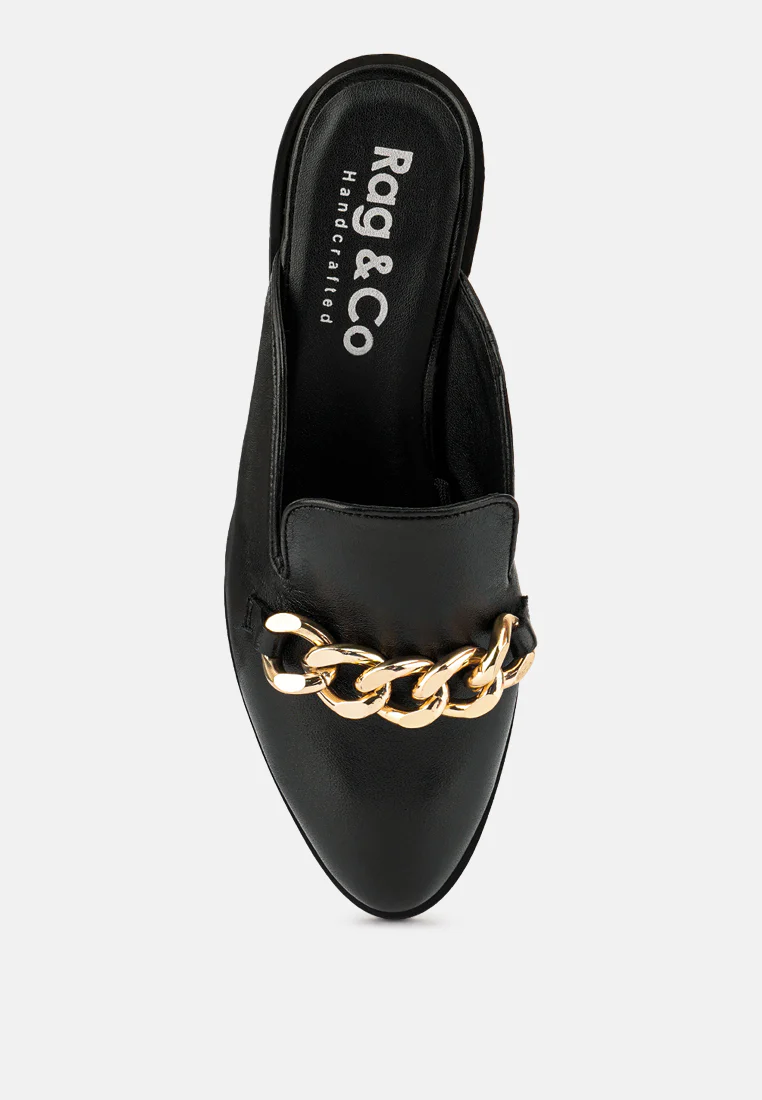 AKSA Chain Embellished Black Leather Mules - Image 6