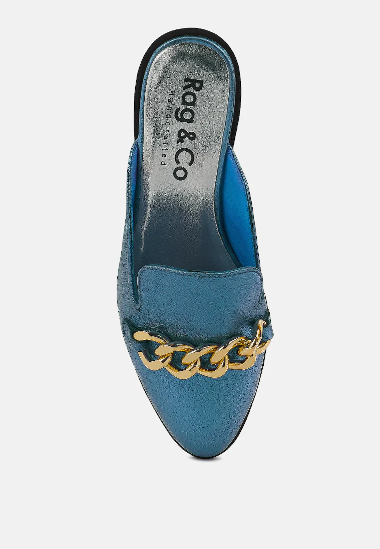 AKSA Chain Embellished Metallic Blue Leather Mules - Image 6