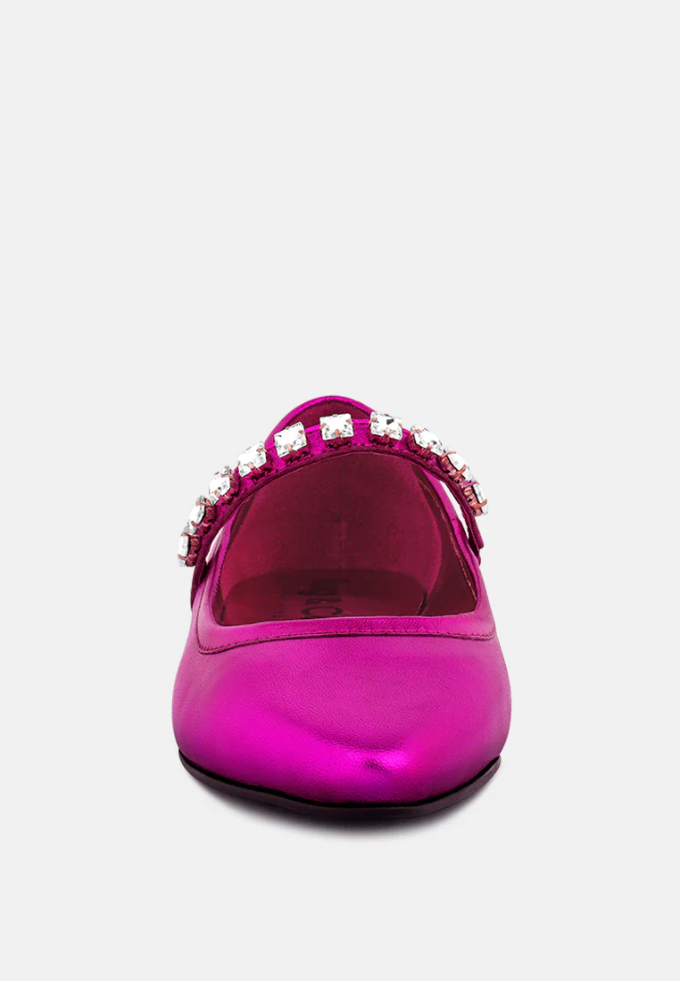 ALVERNO Metallic Diamante Mary Jane Leather Flats In Fuchsia - Image 3