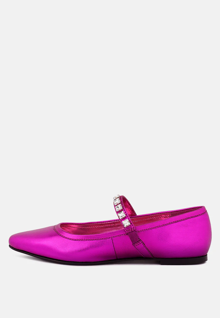 ALVERNO Metallic Diamante Mary Jane Leather Flats In Fuchsia - Image 4