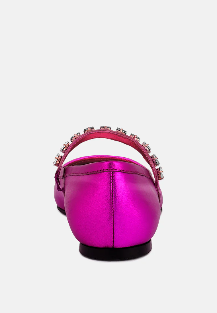 ALVERNO Metallic Diamante Mary Jane Leather Flats In Fuchsia - Image 5
