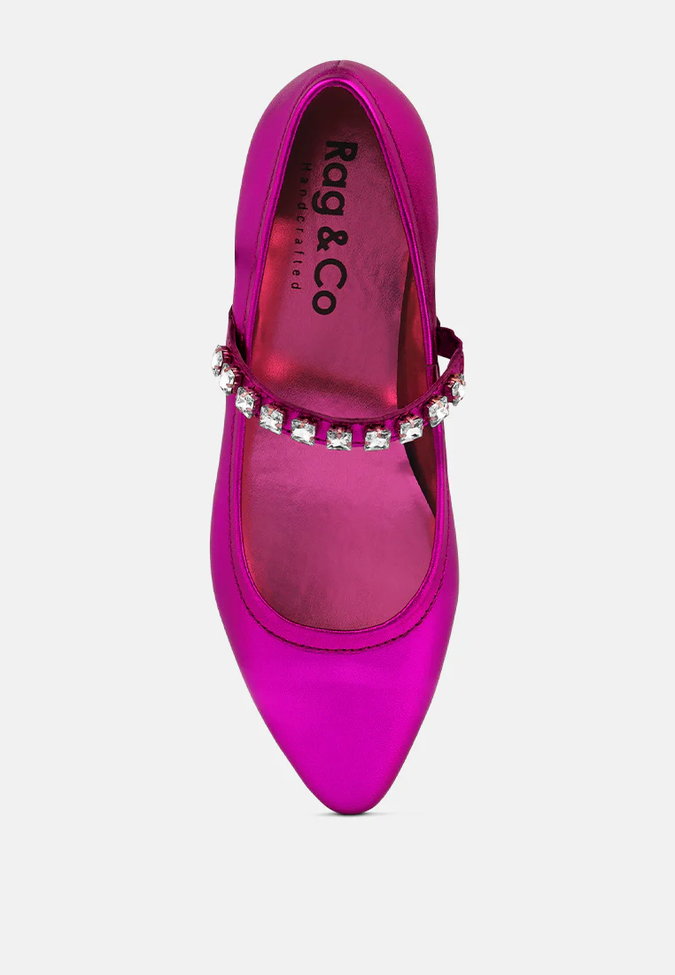 ALVERNO Metallic Diamante Mary Jane Leather Flats In Fuchsia - Image 6
