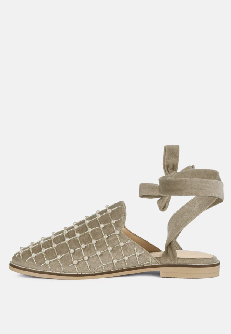 Asante Crisscross Beaded Veil Velvet Mules in Taupe - Image 3