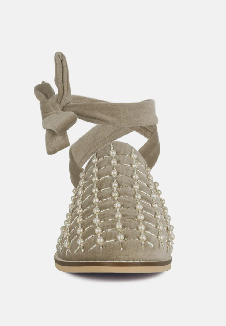 Asante Crisscross Beaded Veil Velvet Mules in Taupe - Image 4