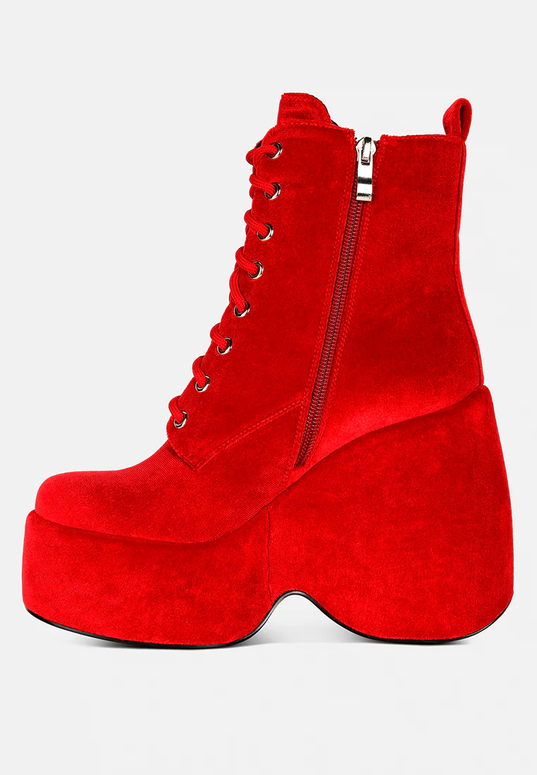 ASHCAN Red High Platform Velvet Ankle Boots - Image 3