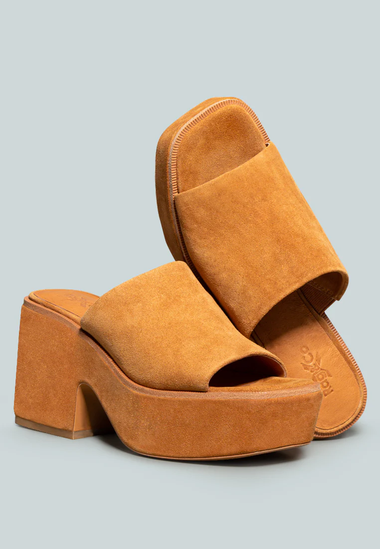 BARDOT Tan Fine Suede Handcrafted Platform Slides - Image 5