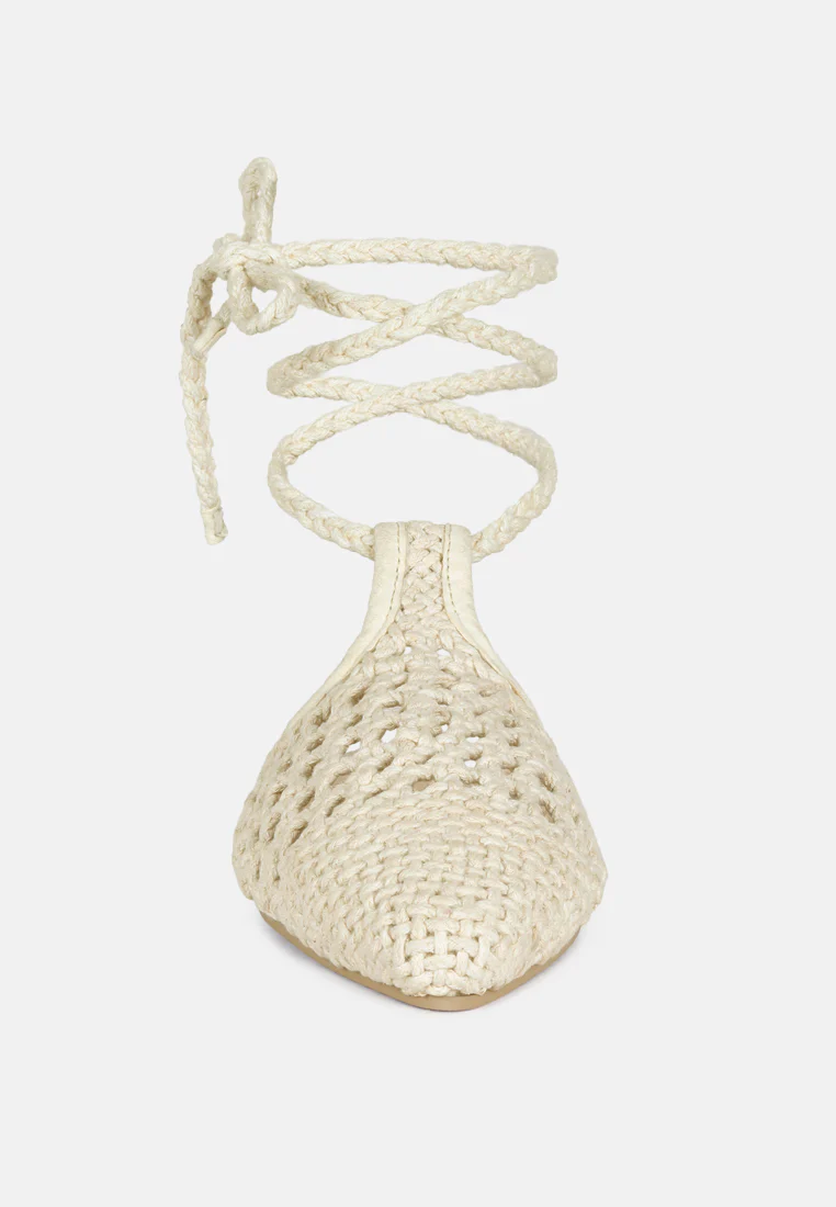 BARTSI Off White Handwoven Tie Up Flat Mules - Image 3