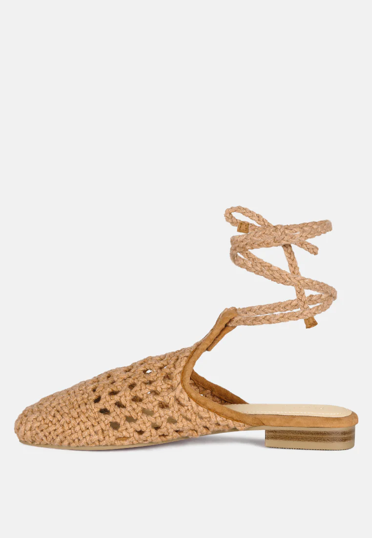 BARTSI Tan Handwoven Tie Up Flat Mules - Image 4