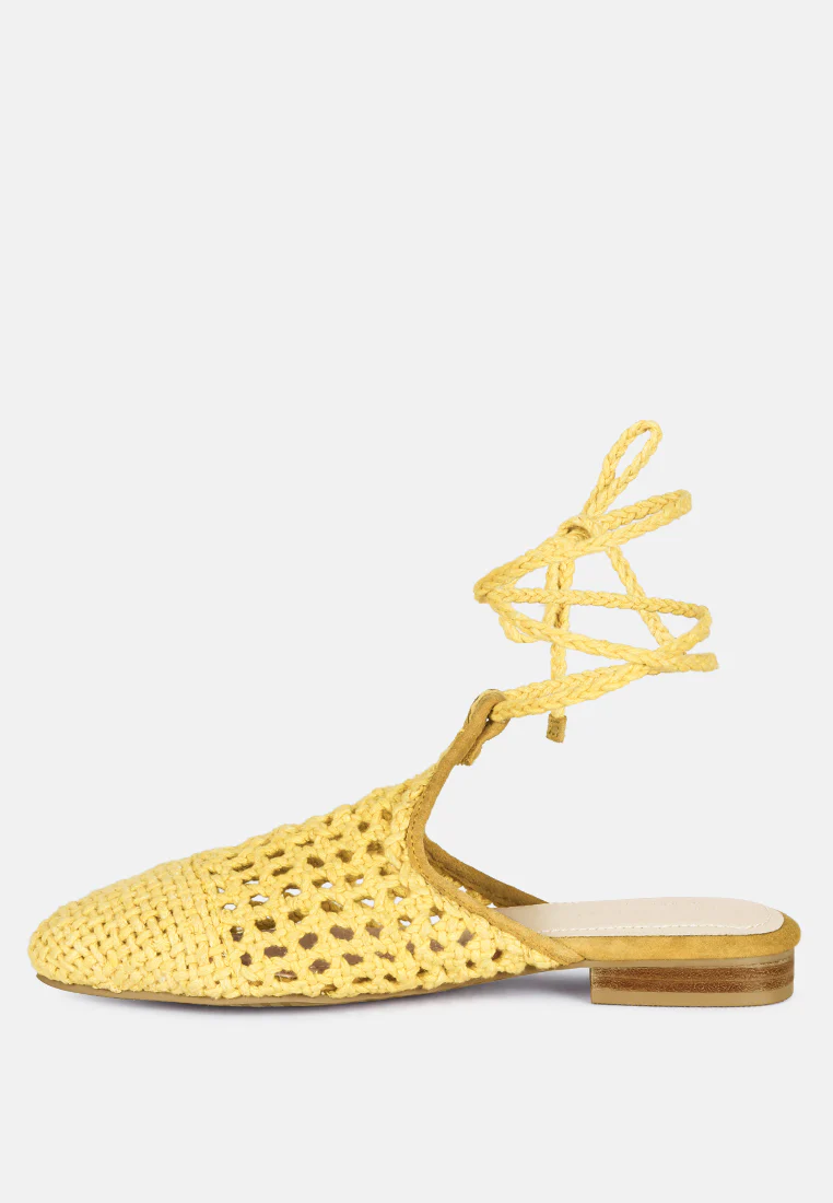 BARTSI Yellow Handwoven Tie Up Flat Mules - Image 4