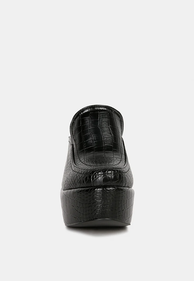 BAUHAUS Black Croc Pattern Heeled Platform Mules - Image 3