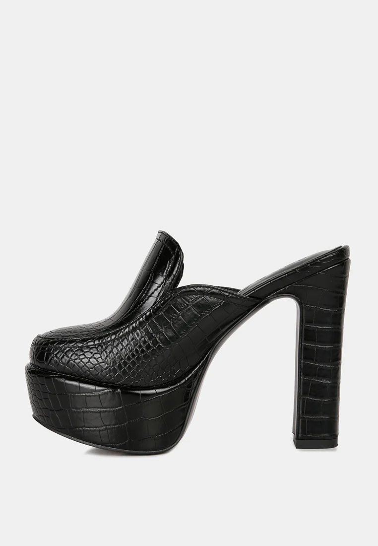 BAUHAUS Black Croc Pattern Heeled Platform Mules - Image 4