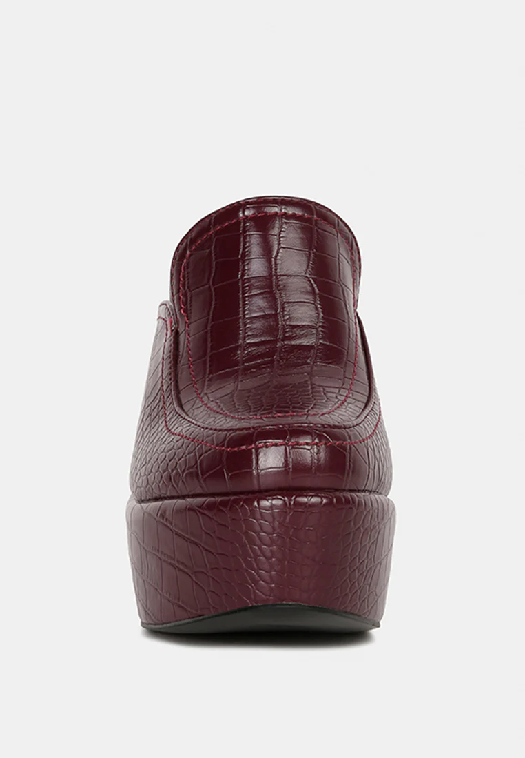 BAUHAUS Burgundy Croc Pattern Heeled Platform Mules - Image 3