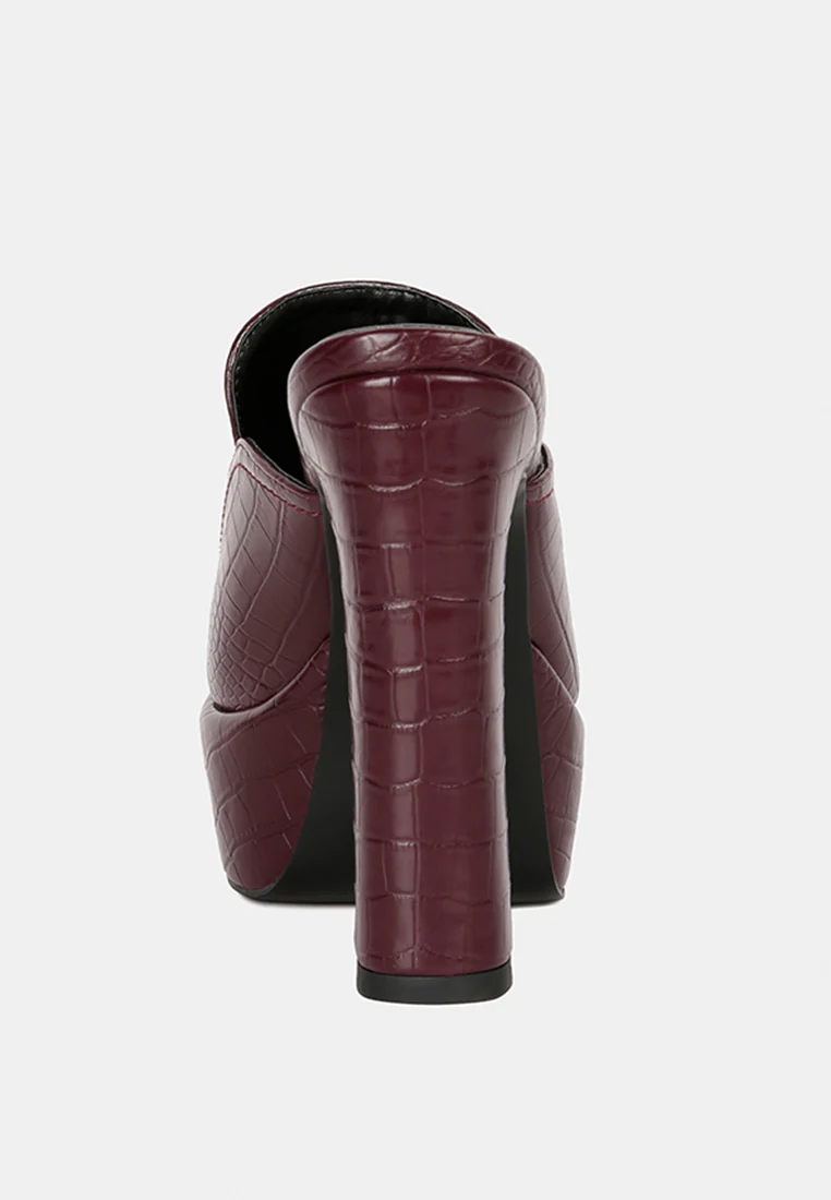 BAUHAUS Burgundy Croc Pattern Heeled Platform Mules - Image 5