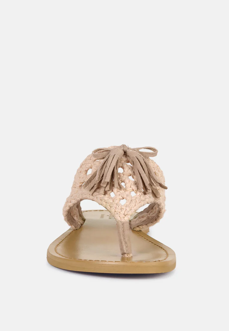 BEECH Handwoven Natural Latte Suede Tassel Thong Flats - Image 4