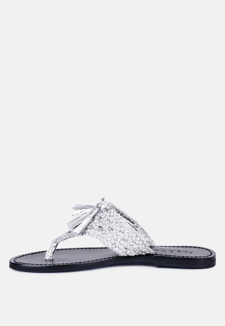 BEECH Handwoven Natural Silver Suede Tassel Thong Flats - Image 3