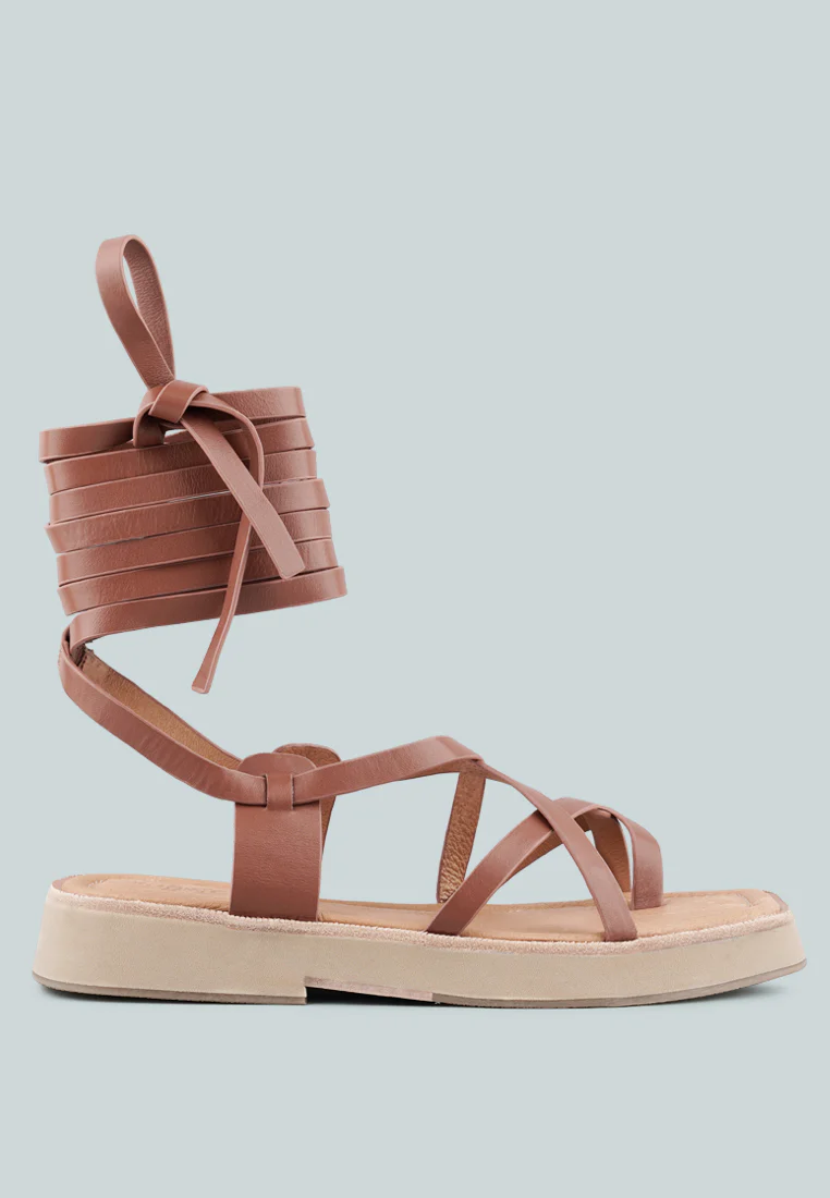 BLEDEL Tan Lace Up Square Toe Gladiator Sandals - Image 2