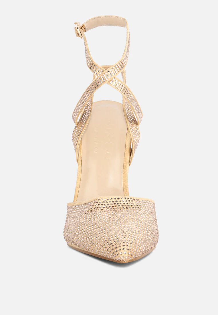 CHARMER Rhinestone Embellished Stiletto Sandals in Champagne - Image 3