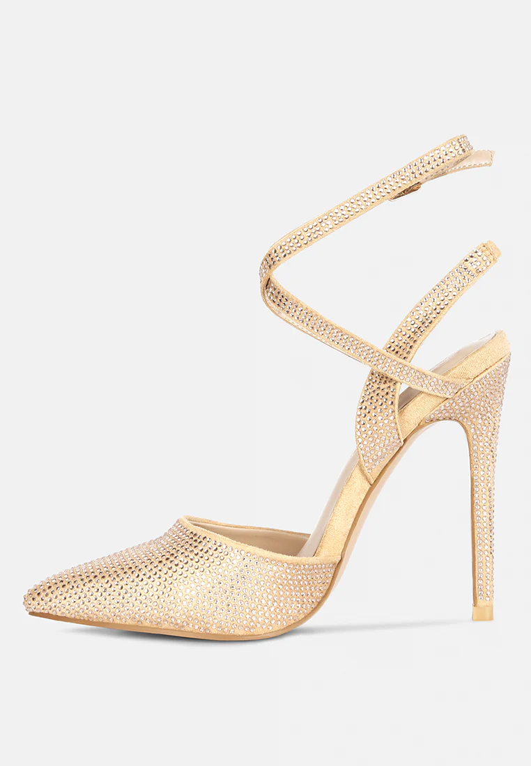 CHARMER Rhinestone Embellished Stiletto Sandals in Champagne - Image 4