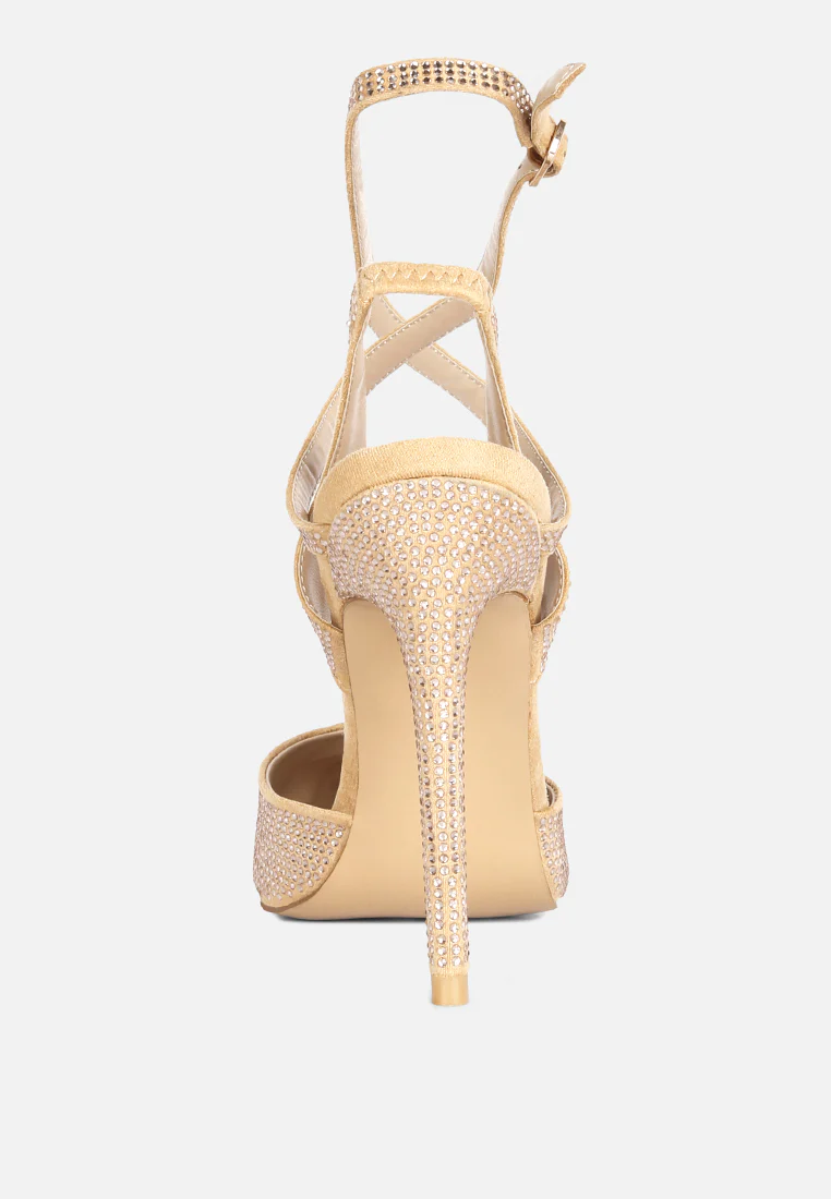 CHARMER Rhinestone Embellished Stiletto Sandals in Champagne - Image 5