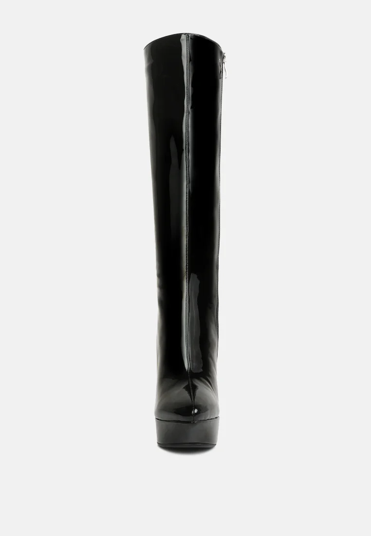 CHATTON Black Patent Stiletto High Heeled Calf Boots - Image 3