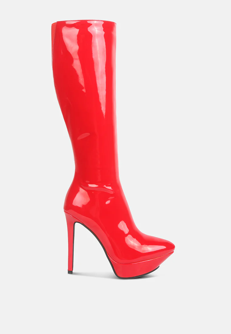 CHATTON Red Patent Stiletto High Heeled Calf Boots - Image 3