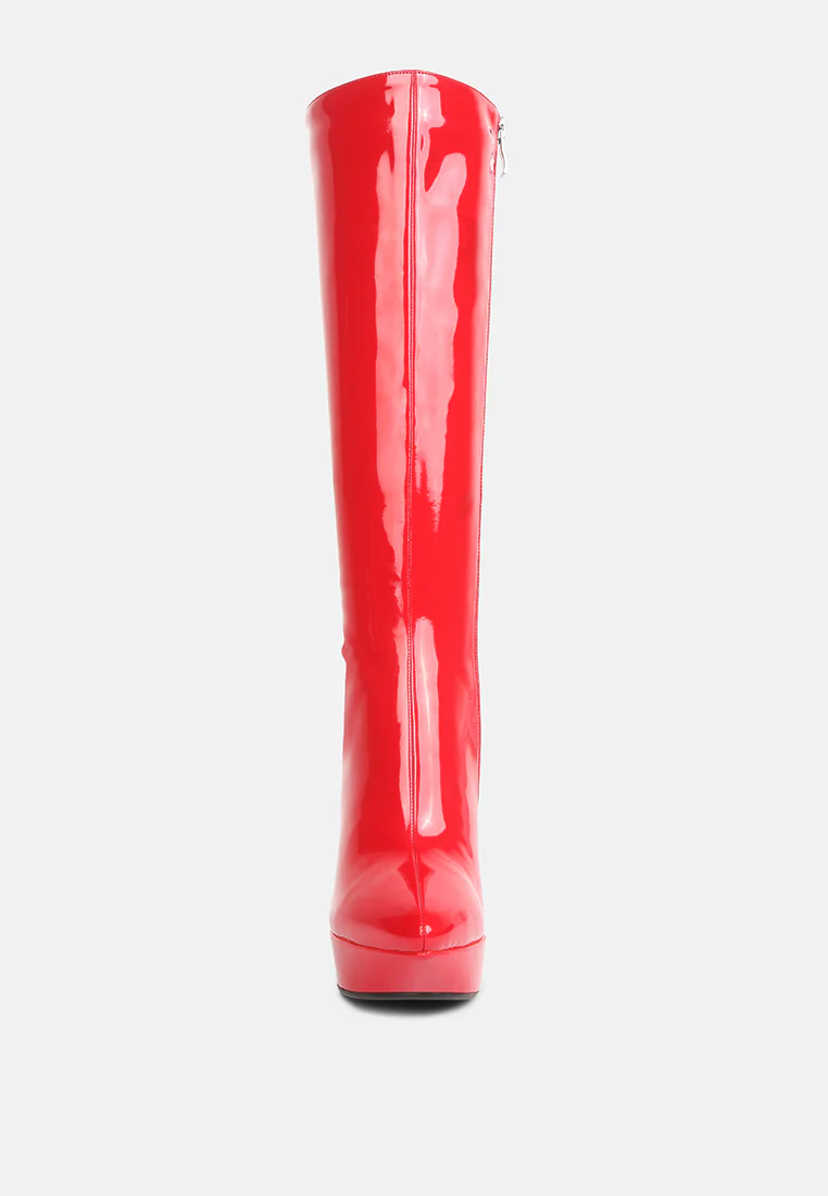 CHATTON Red Patent Stiletto High Heeled Calf Boots - Image 4
