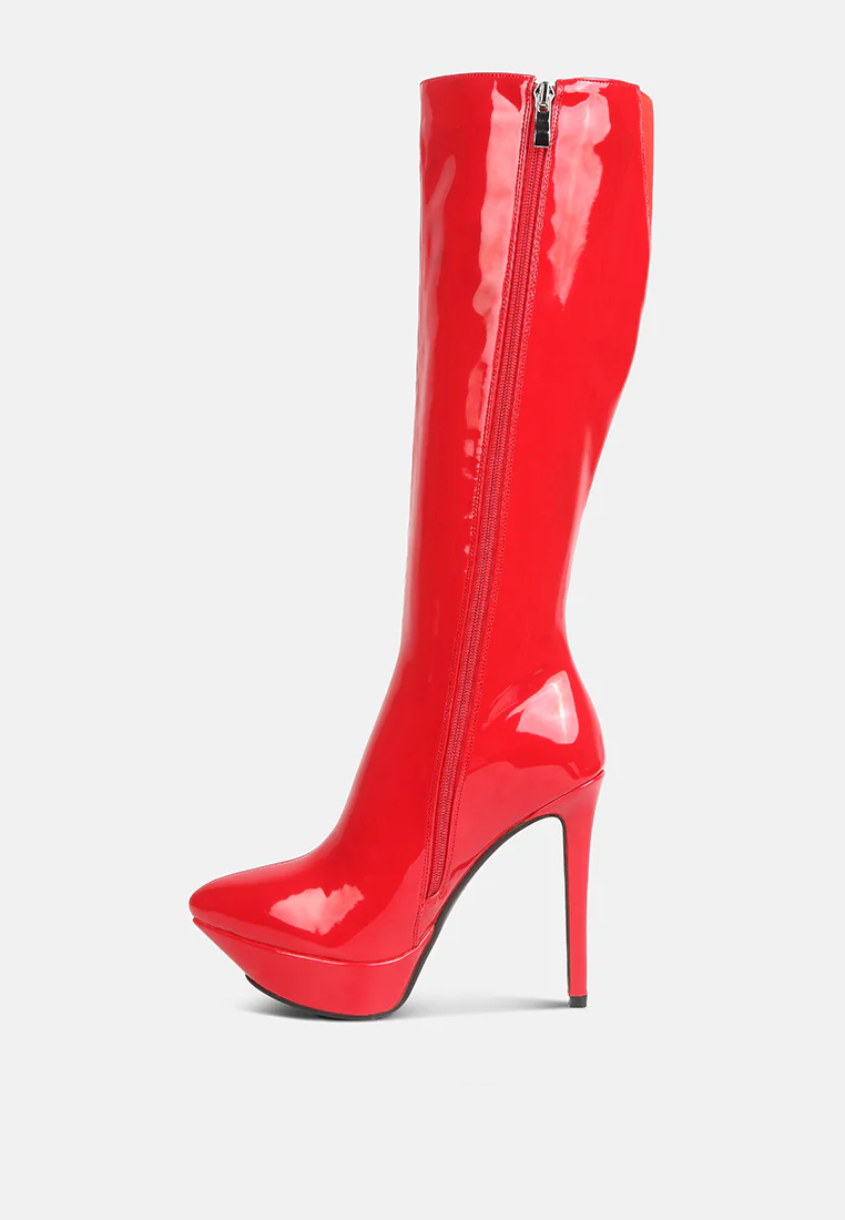 CHATTON Red Patent Stiletto High Heeled Calf Boots - Image 5