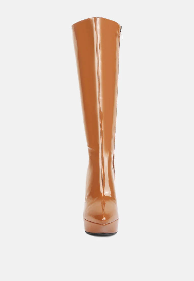 CHATTON Tan Patent Stiletto High Heeled Calf Boots - Image 3