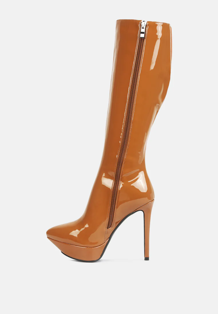 CHATTON Tan Patent Stiletto High Heeled Calf Boots - Image 4