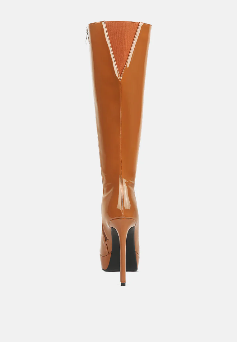 CHATTON Tan Patent Stiletto High Heeled Calf Boots - Image 5