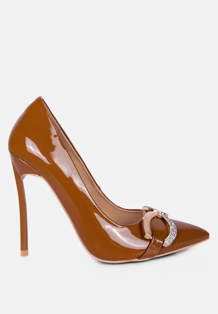 COCKTAIL Buckle Embellished Stiletto Pump Shoes in Camel