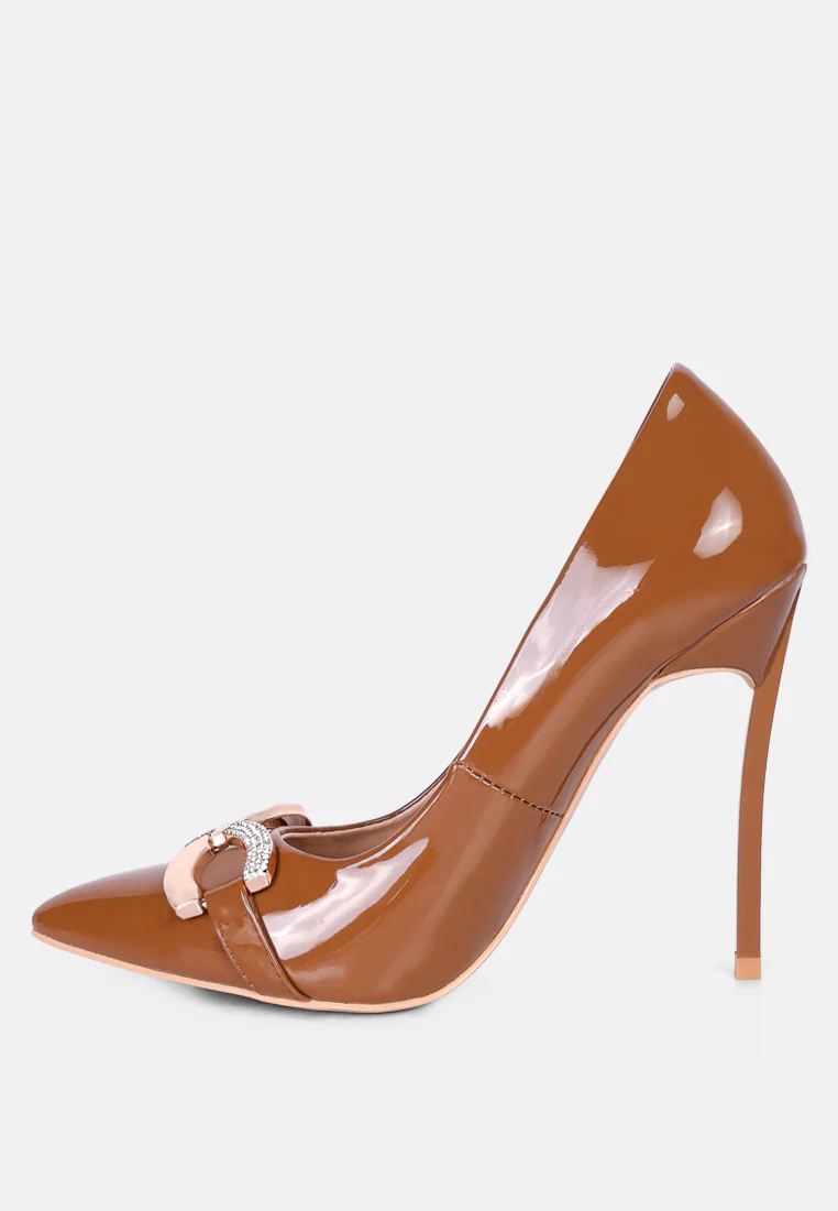 COCKTAIL Buckle Embellished Stiletto Pump Shoes in Camel - Image 3