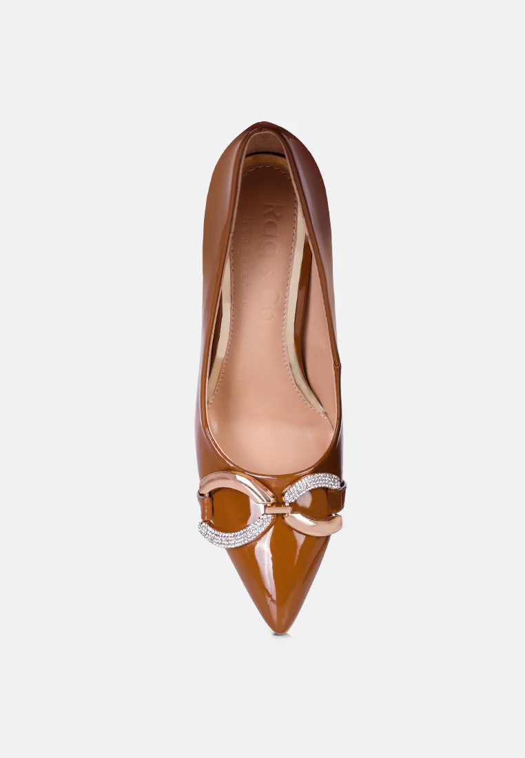 COCKTAIL Buckle Embellished Stiletto Pump Shoes in Camel - Image 6