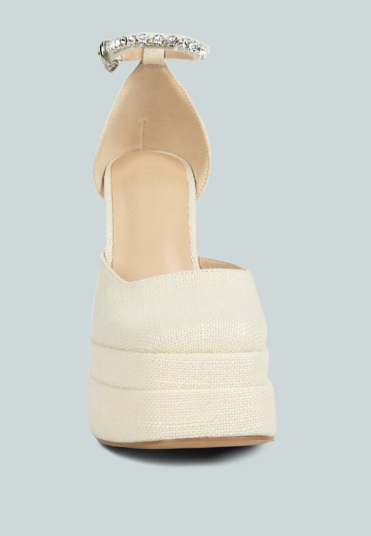 COSETTE Diamante Embellished Ankle Strap High Block Heel Sandals in Off White - Image 3