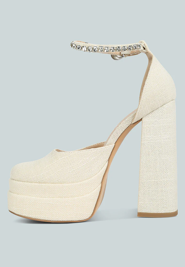 COSETTE Diamante Embellished Ankle Strap High Block Heel Sandals in Off White - Image 4