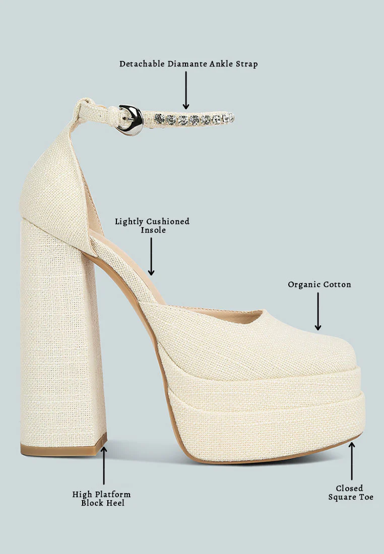 COSETTE Diamante Embellished Ankle Strap High Block Heel Sandals in Off White - Image 9