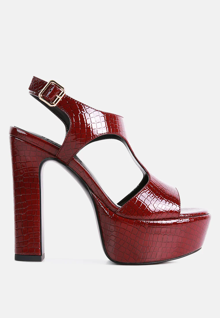 CROFT Croc High Heeled Cut Out Sandals in Burgundy - Image 2