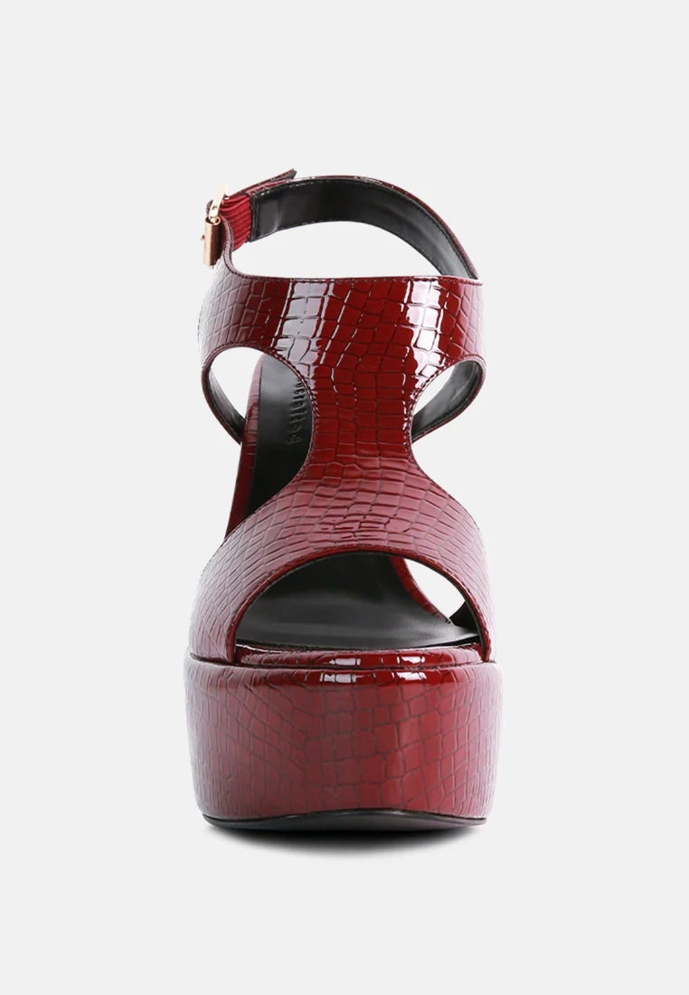 CROFT Croc High Heeled Cut Out Sandals in Burgundy - Image 3