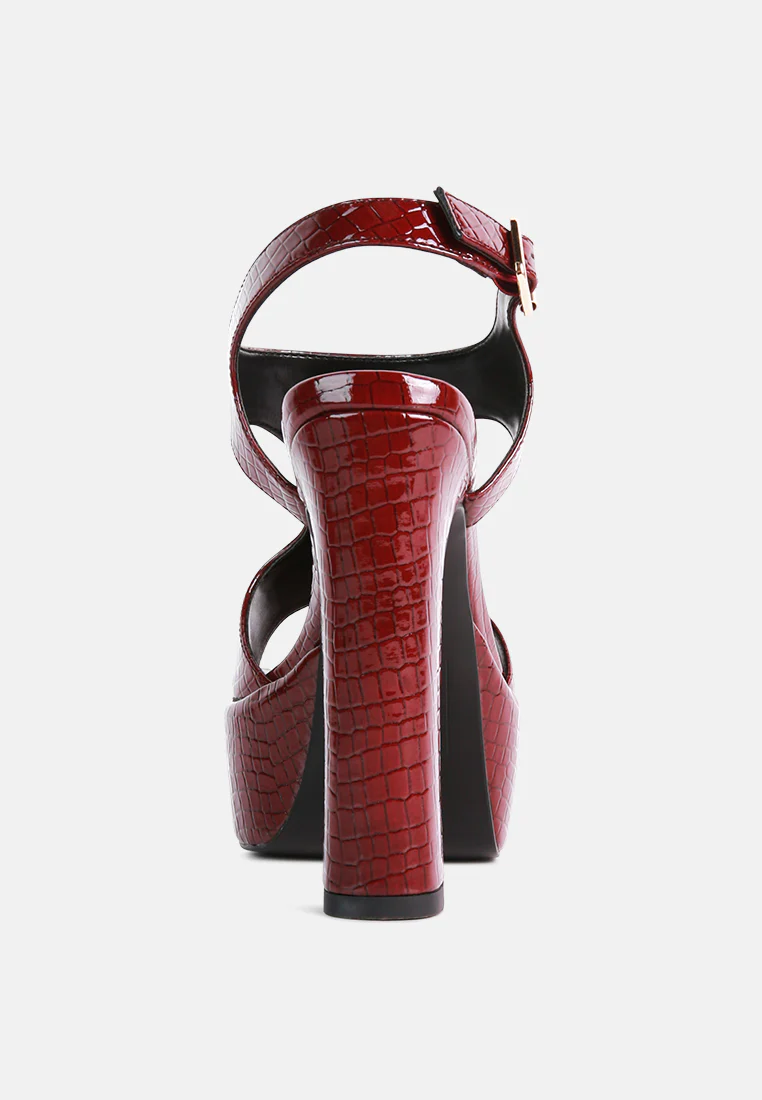 CROFT Croc High Heeled Cut Out Sandals in Burgundy - Image 5
