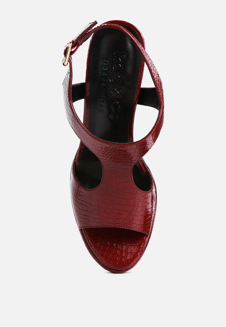 CROFT Croc High Heeled Cut Out Sandals in Burgundy - Image 6