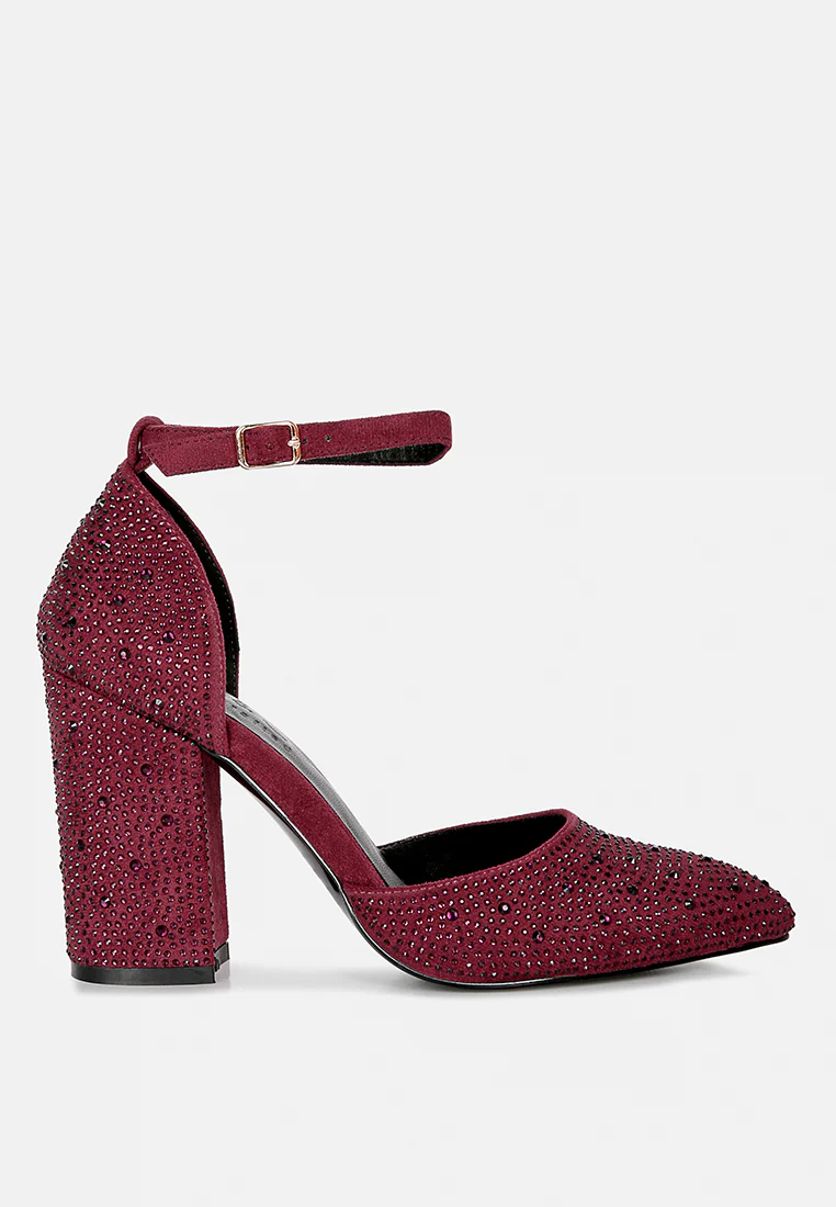 CULVER Rhinestone Embellished Block Heel Sandals in Burgundy - Image 2