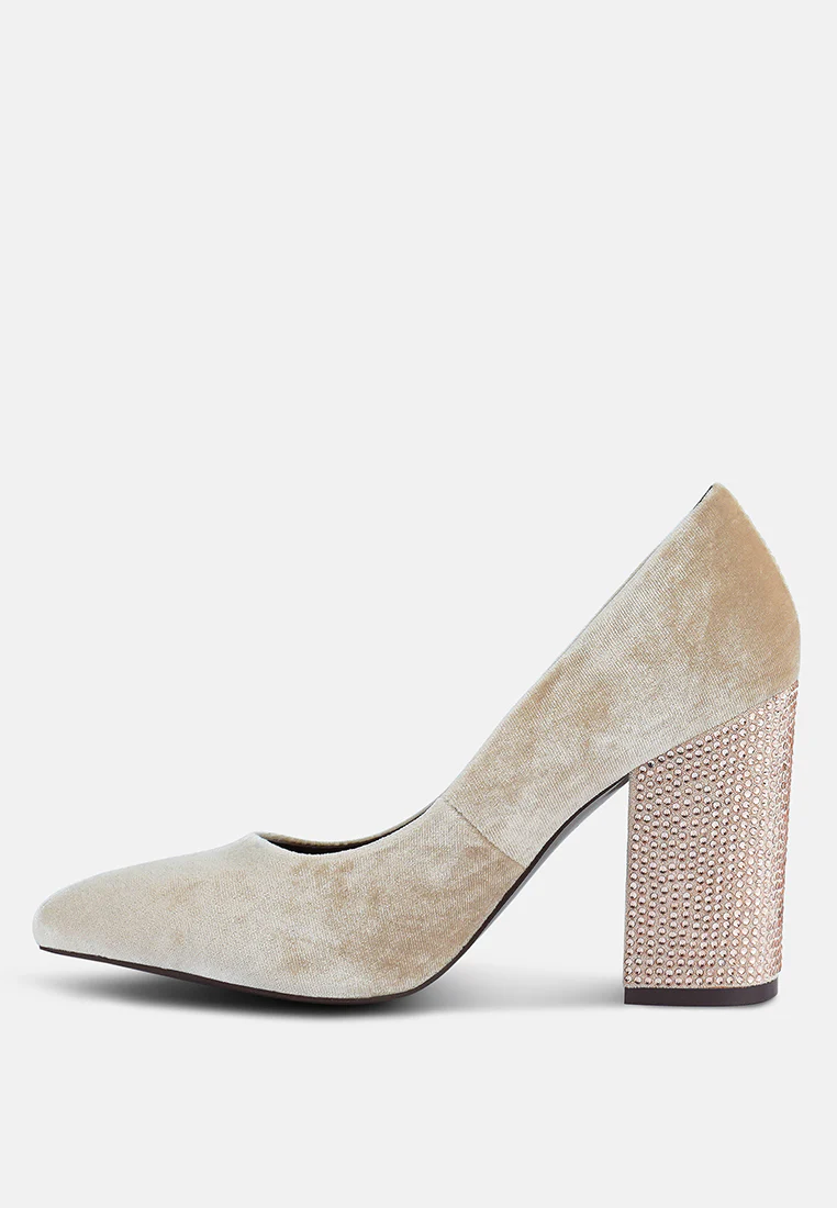 CYBER-GIRL Champagne Rhinestone Block Heeled Pumps - Image 4