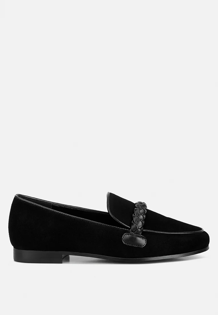 ECHO Suede Leather Braided Detail Loafers In Black - Image 2