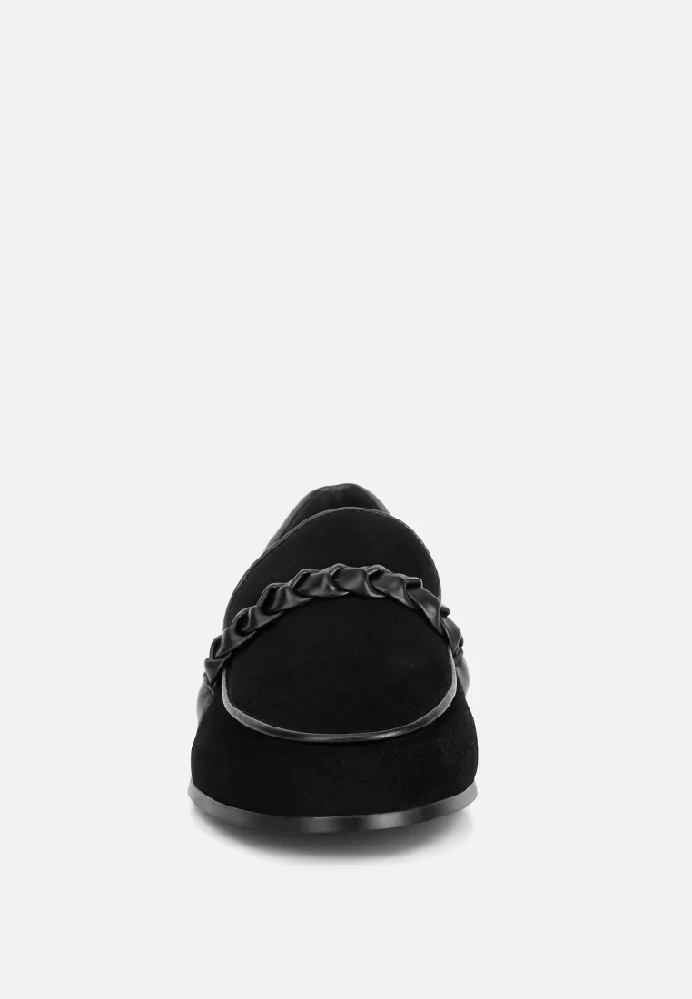 ECHO Suede Leather Braided Detail Loafers In Black - Image 3