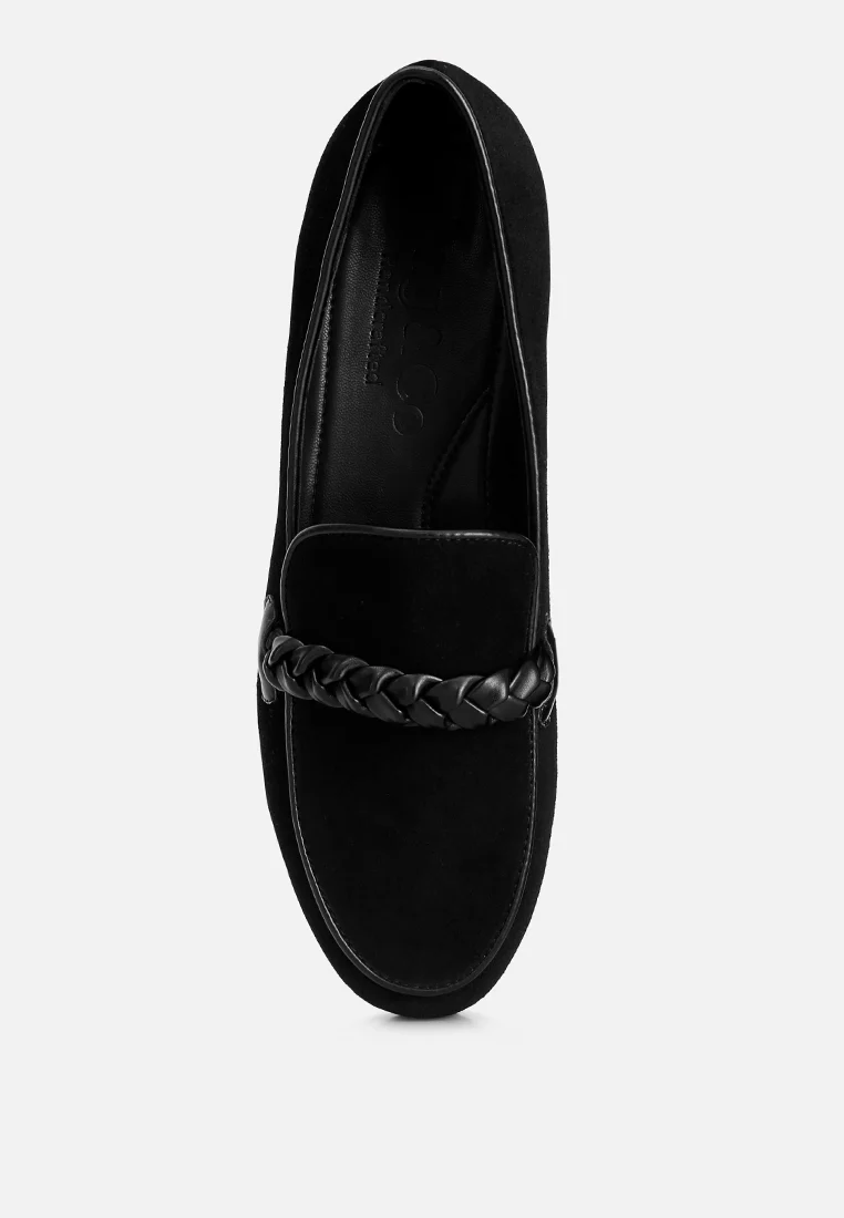 ECHO Suede Leather Braided Detail Loafers In Black - Image 6