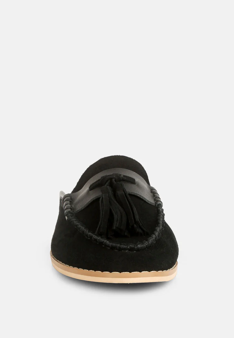 EDMANDA Tassle Detail Leather Mules in Black - Image 3