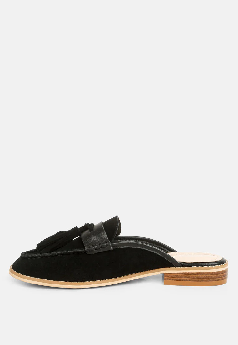 EDMANDA Tassle Detail Leather Mules in Black - Image 4