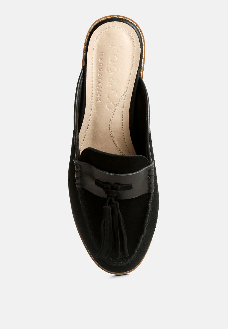 EDMANDA Tassle Detail Leather Mules in Black - Image 6