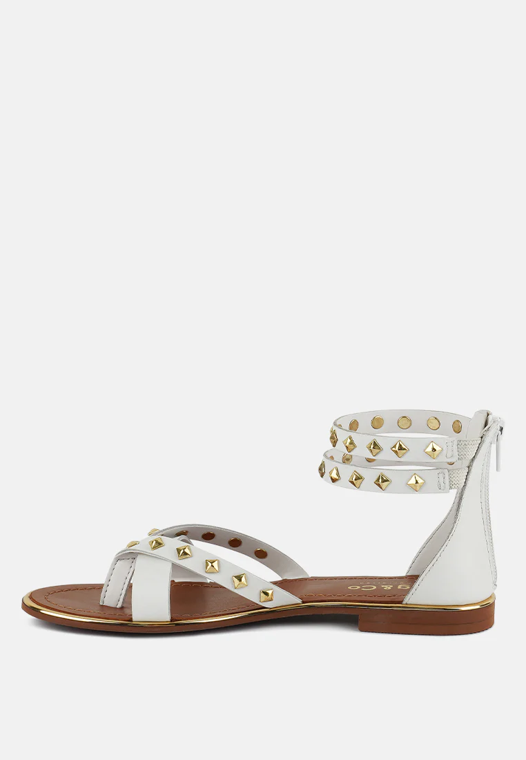 EMMETH Studs Embellished White Flat Gladiator Sandals - Image 4