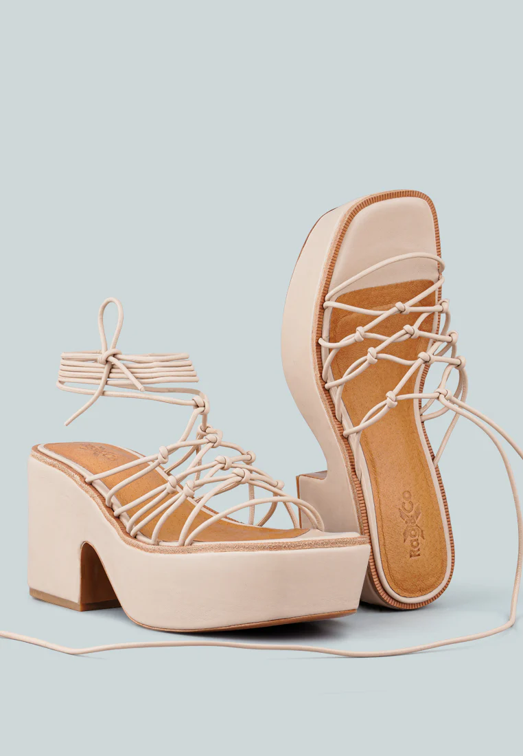 FAWCETT Nude Tie Up Platform Heeled Sandals - Image 5